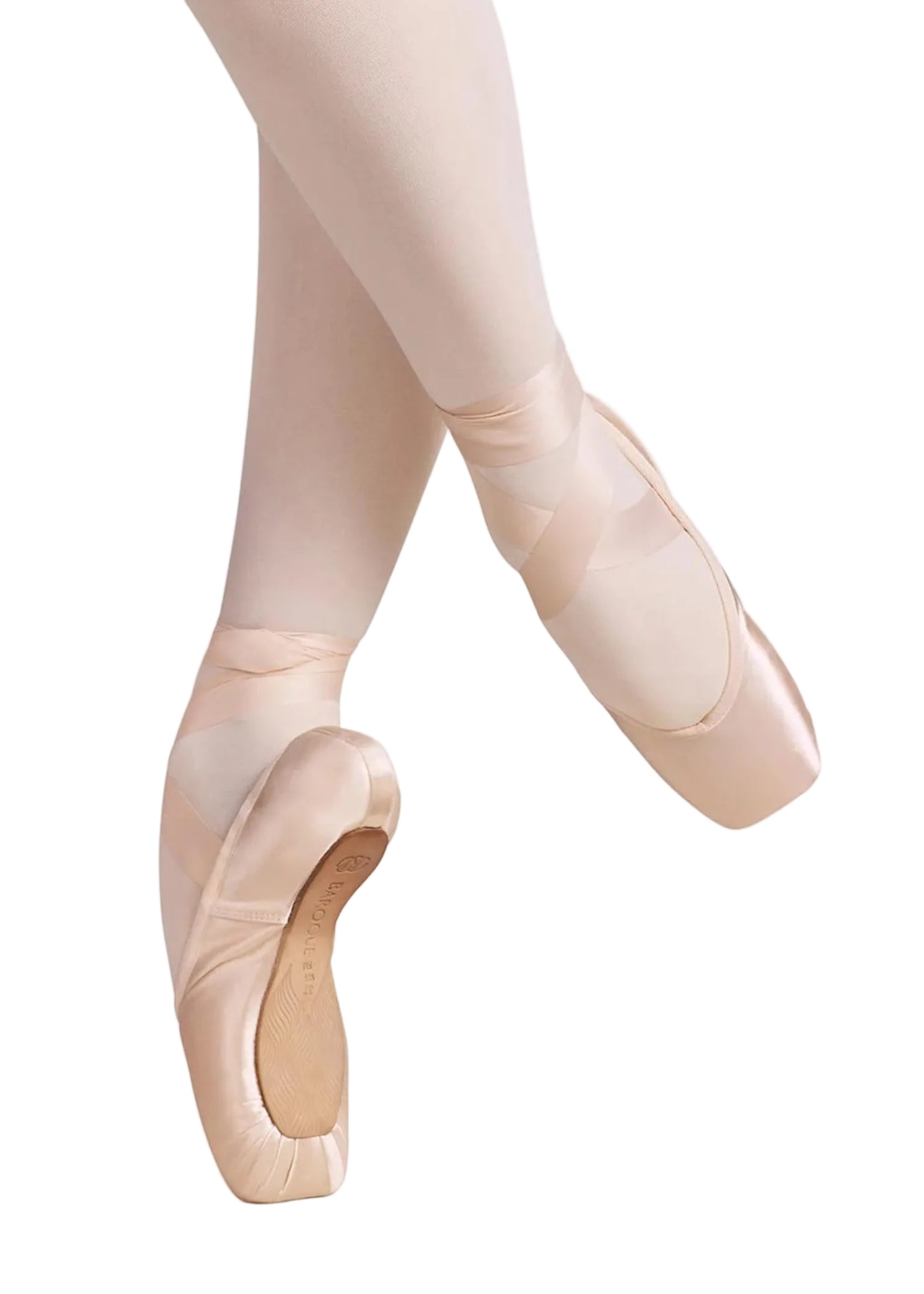 RP Collection Baroque Pointe Shoe Medium Shank in Pink, lifestyle view showing outsole and satin upper with tapered box