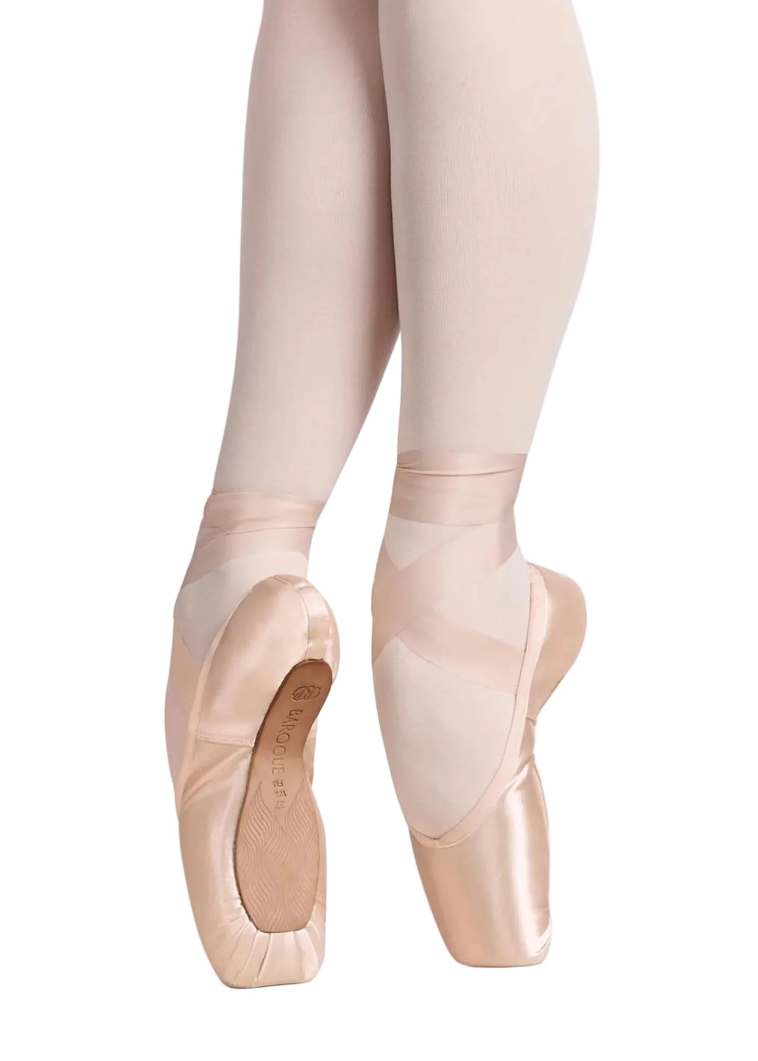RP Collection Baroque Pointe Shoe Medium Shank in Pink, lifestyle view showing wide platform and pleated box en pointe