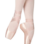 RP Collection Baroque Pointe Shoe Hard Shank in Pink, lifestyle view showing wide platform with ribbon wrap en pointe