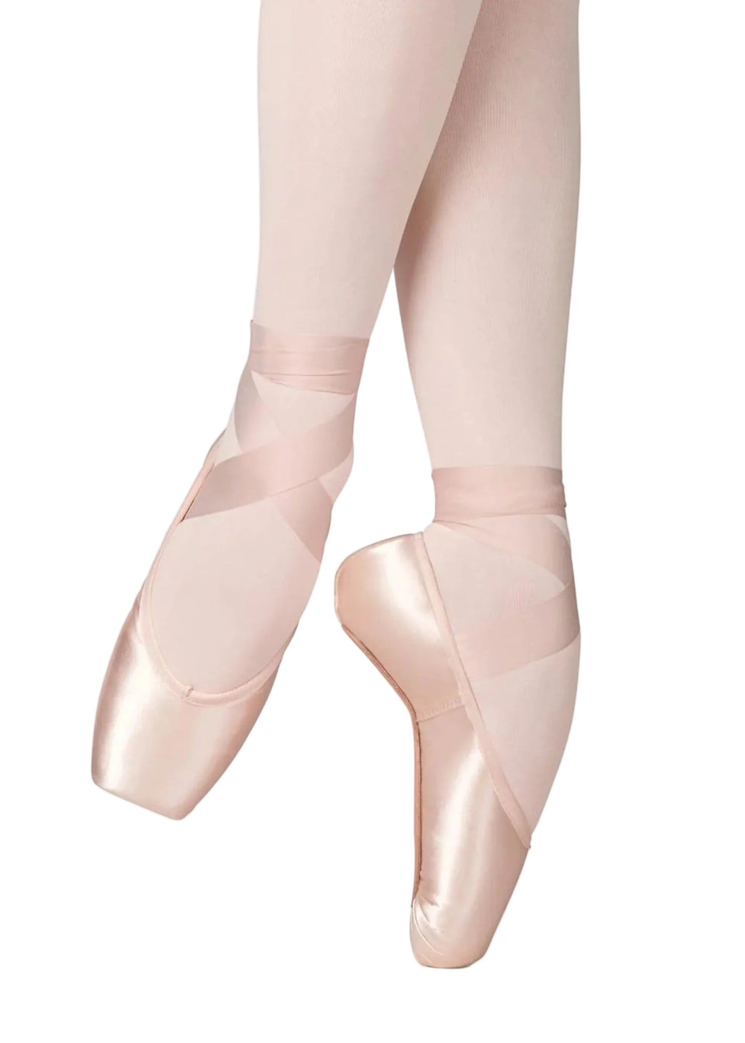 RP Collection Baroque Pointe Shoe Hard Shank in Pink, lifestyle view showing wide platform with ribbon wrap en pointe