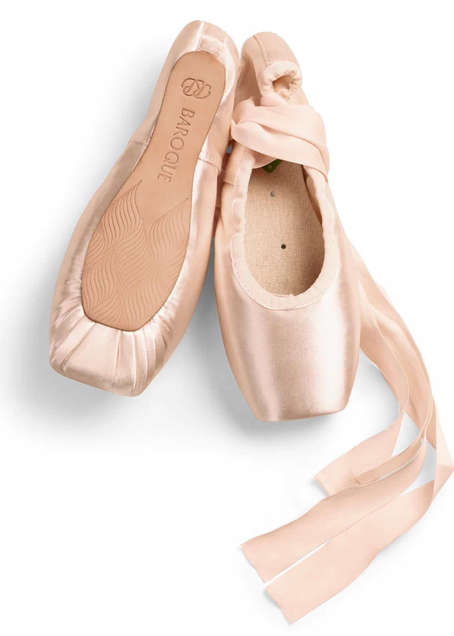RP Collection Baroque Pointe Shoe Hard Shank in Pink, outsole view showing sole construction and wide platform edge