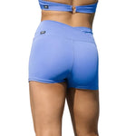 Tiger Friday Bello Shorty in Periwinkle, back view showing fitted shorts and crossover waistband