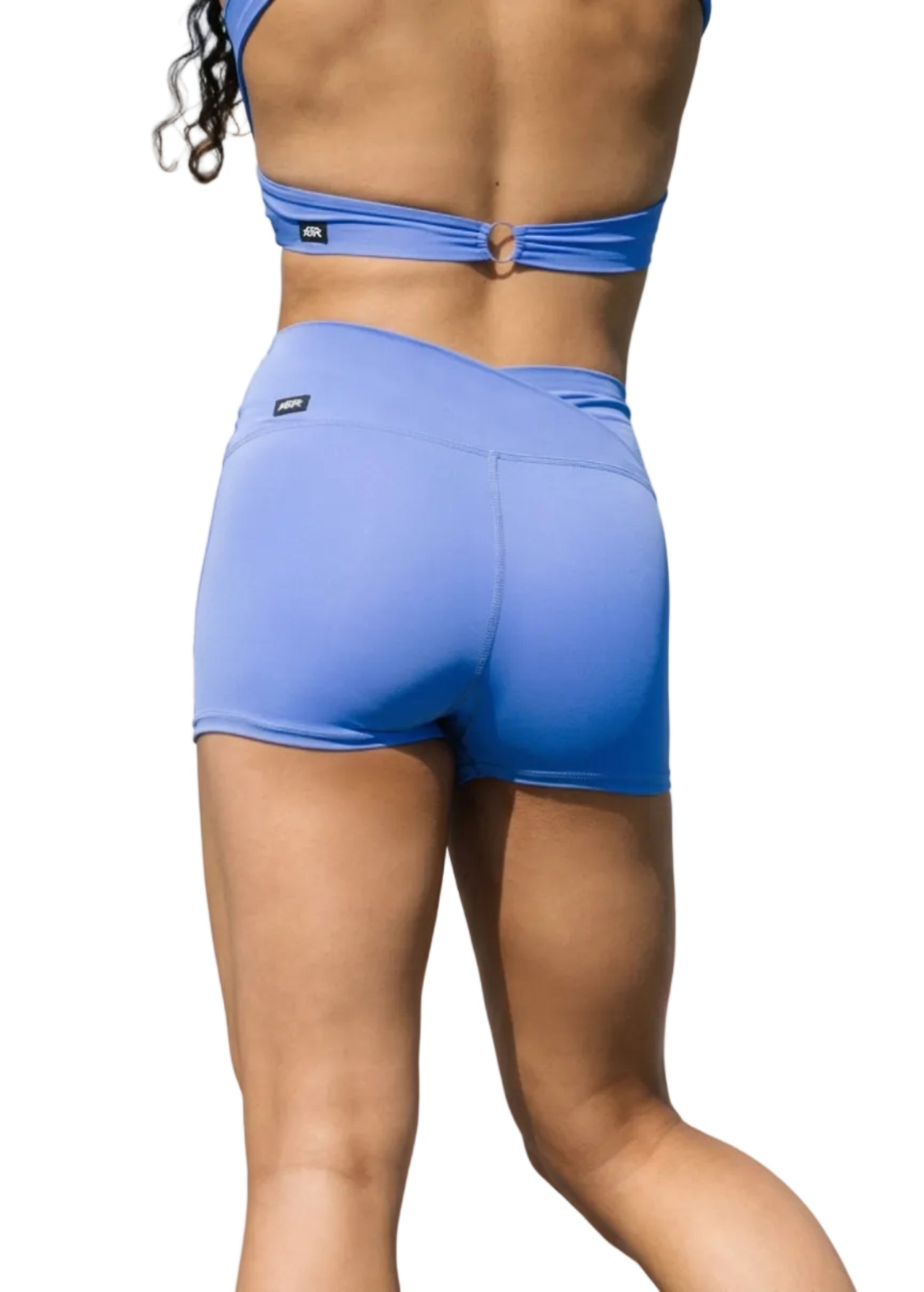 Tiger Friday Bello Shorty in Periwinkle, back view showing fitted shorts and crossover waistband