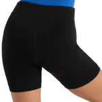 Capezio Bike Short in Black, back view showing Tactel nylon-spandex fabric, center seam and smooth waistband