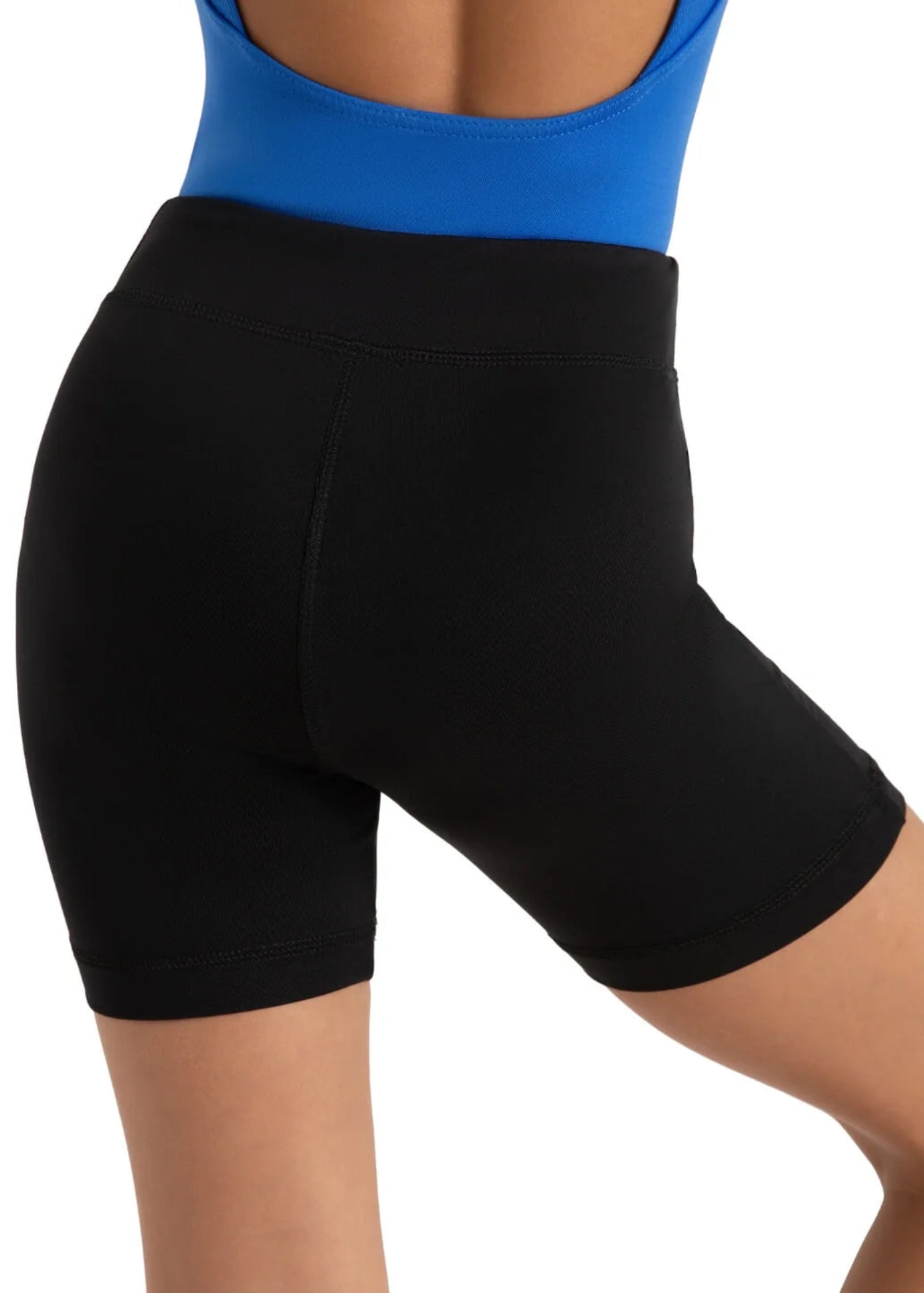 Capezio Bike Short in Black, back view showing Tactel nylon-spandex fabric, center seam and smooth waistband