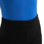 Capezio Bike Short in Black, detail view showing wide waistband, center seam and smooth Tactel nylon-spandex fabric