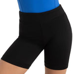 Capezio Bike Short in Black, front view showing Tactel nylon-spandex fabric, high waistband and fitted legs
