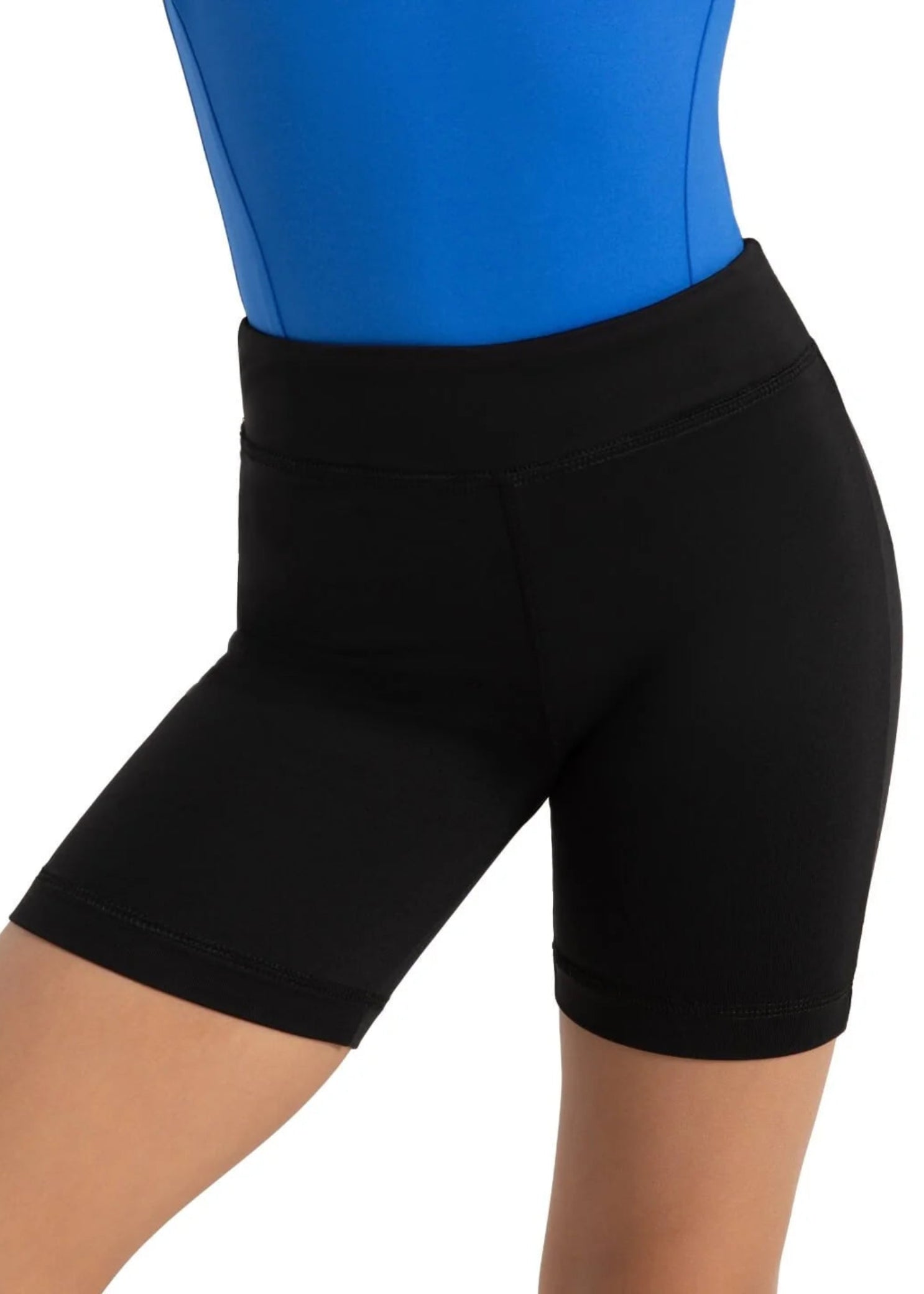 Capezio Bike Short in Black, front view showing Tactel nylon-spandex fabric, high waistband and fitted legs