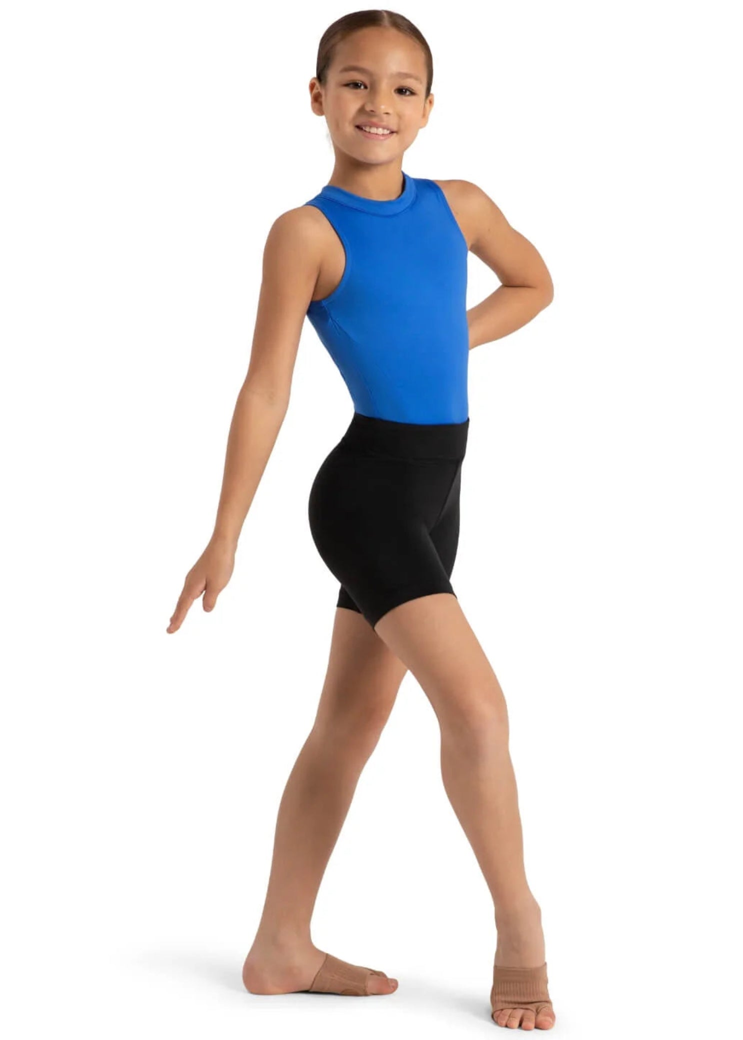 Capezio Bike Short in Black, lifestyle view showing Tactel nylon-spandex fabric, high waist and fitted silhouette