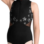 Bloch Cayla Zip Front Leotard in Black, front detail view showing floral print, zipper and mesh side panels