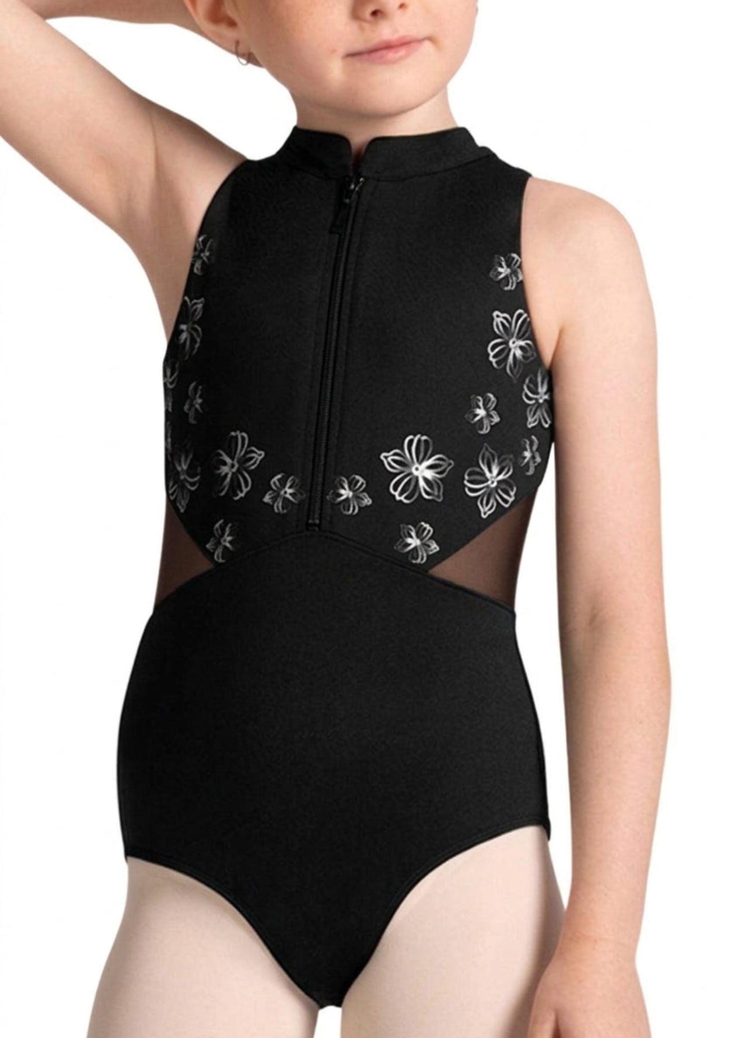 Bloch Cayla Zip Front Leotard in Black, front detail view showing floral print, zipper and mesh side panels
