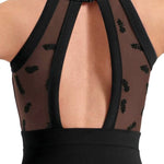 Bloch Ella Floral Halter Leotard in Black, back detail view showing neck clasp and flocked floral mesh