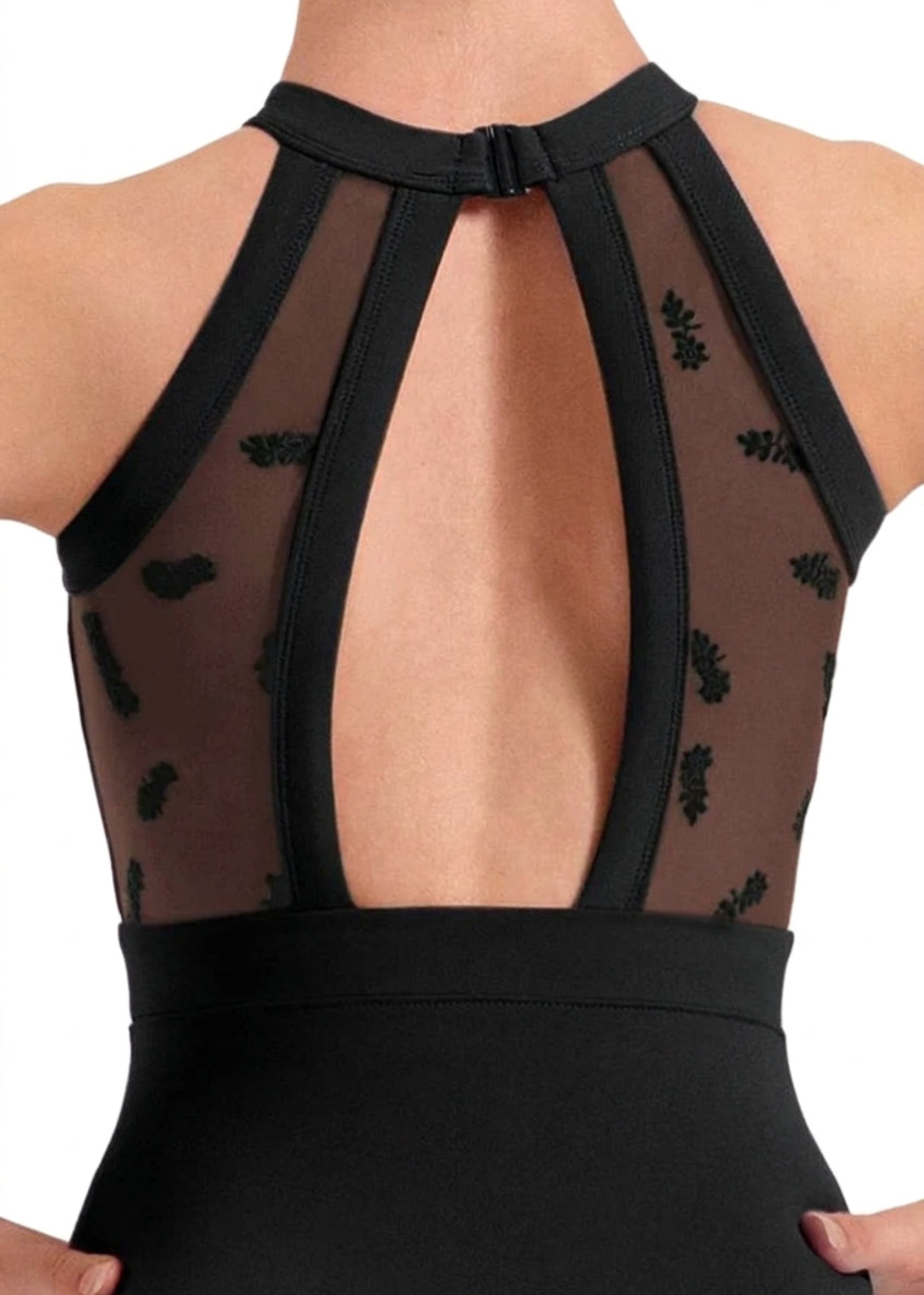 Bloch Ella Floral Halter Leotard in Black, back detail view showing neck clasp and flocked floral mesh