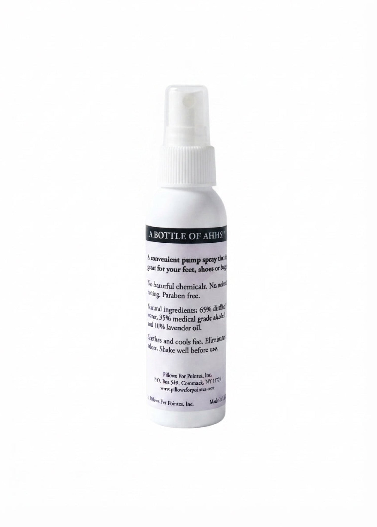 Pillows for Pointes Bottle of Ahhs! Lavender Foot Spray, back view showing ingredient label and pump bottle