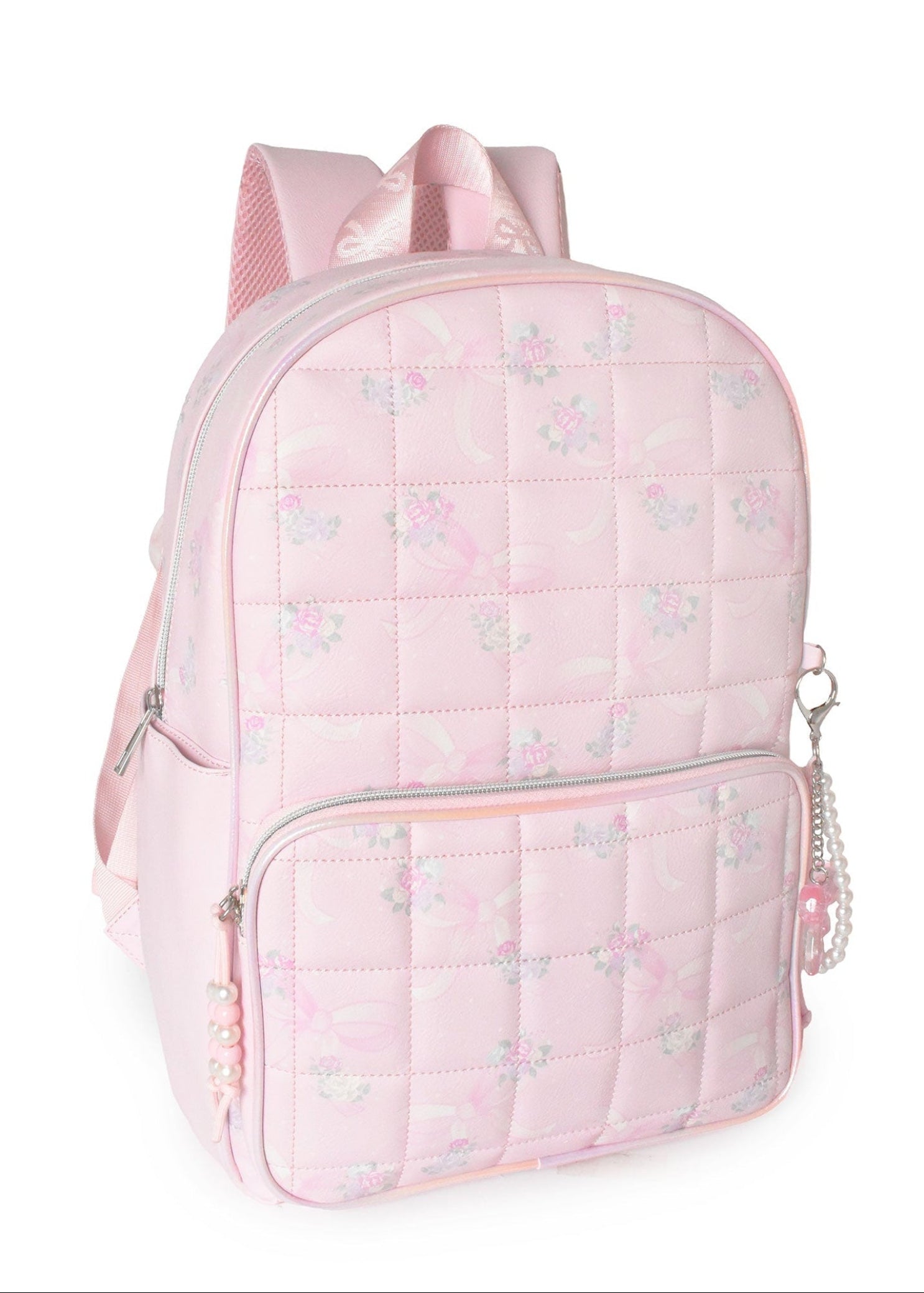 OMG Accessories Bow Floral Quilted Large Backpack in Pink, right side view showing front zip pocket and straps