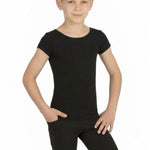 Bodywrappers Nylon/Spandex Boys' Short Sleeve Shirt in Black, front view showing scoop neckline and snug fit