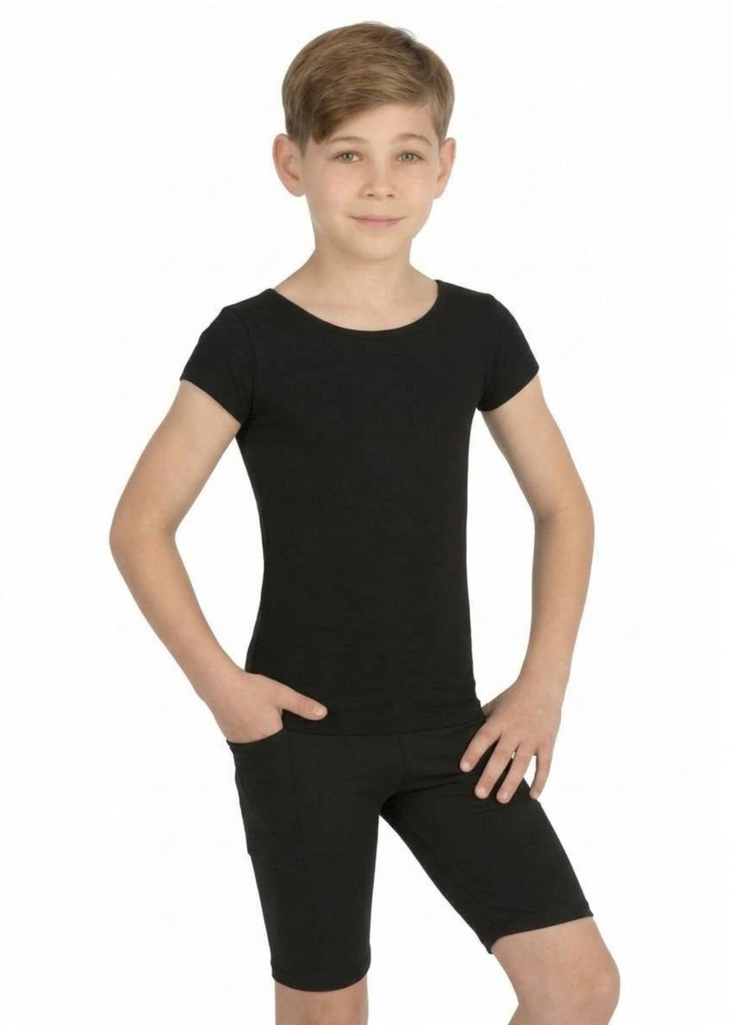 Bodywrappers Nylon/Spandex Boys' Short Sleeve Shirt in Black, front view showing scoop neckline and snug fit