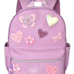 OMG Accessories Butterfly Heart Large Backpack in Pink, front view showing glitter hearts and butterfly appliqués
