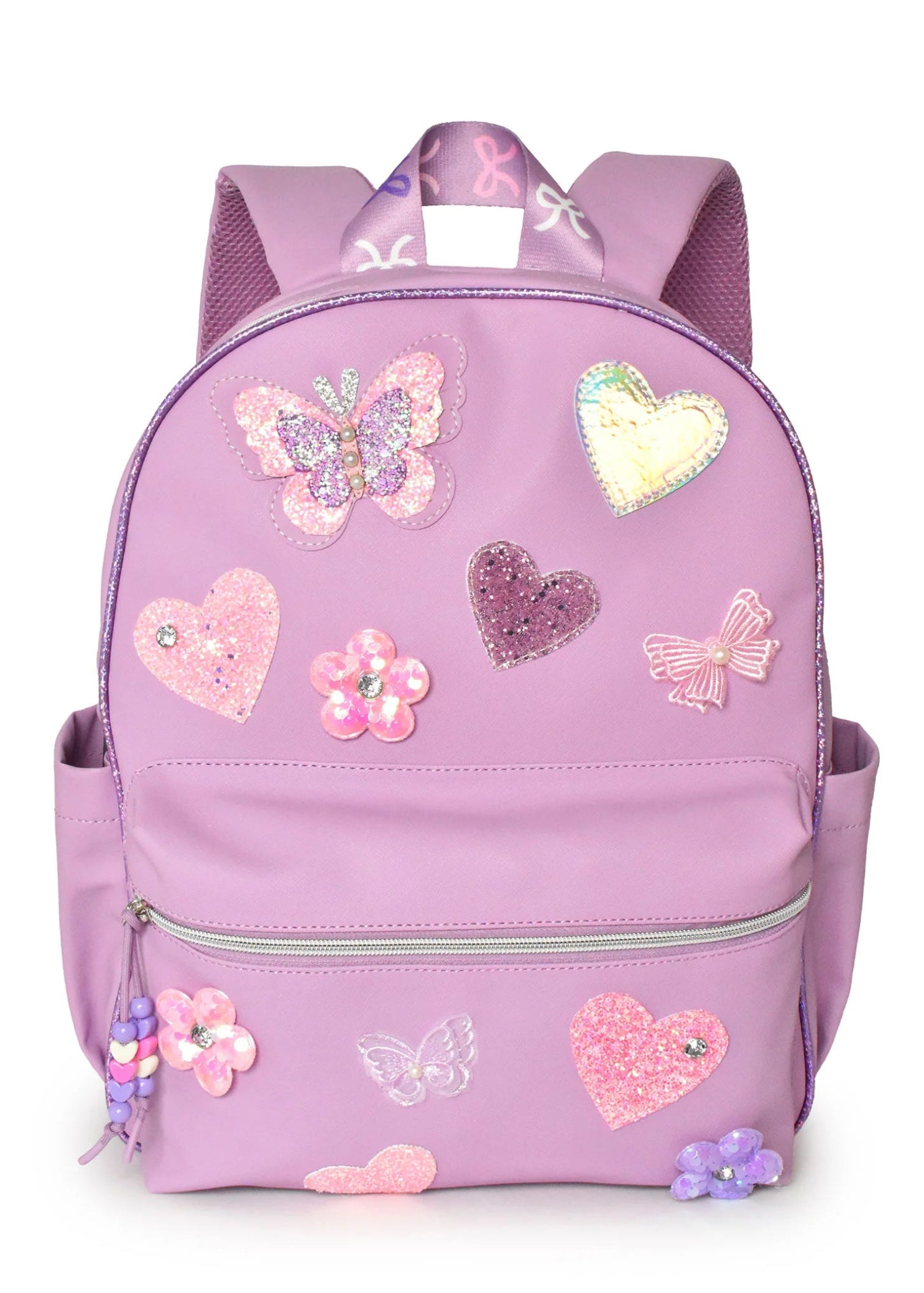 OMG Accessories Butterfly Heart Large Backpack in Pink, front view showing glitter hearts and butterfly appliqués