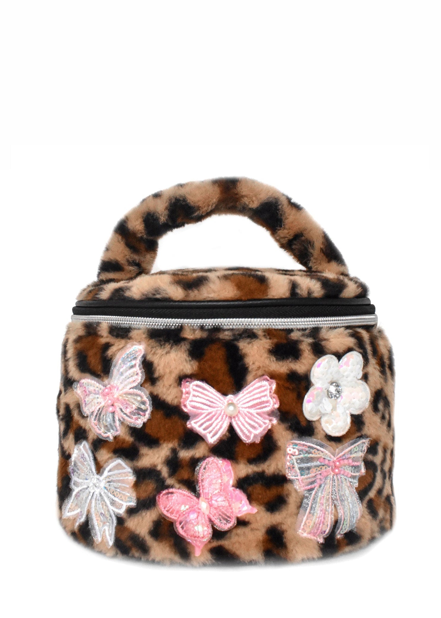 OMG Accessories Plush Butterfly Round Glam Bag in Leopard, front view showing butterfly, bow and flower appliqués