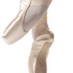 R Class Satin pointe shoe in pink, lateral and outsole view showing higher crown and traditional pleated construction