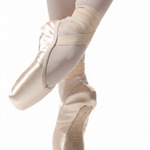 R Class Satin pointe shoe in pink, lateral side and outsole side view showing higher crown and pleated construction