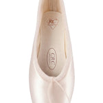 R Class Pointe Shoes Child Size Pointe Shoe, detail view showing lightweight supportive box and medium crown