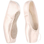 R Class Pointe Shoes Child Size Pointe Shoe, medial side view showing pair with medium crown and arch