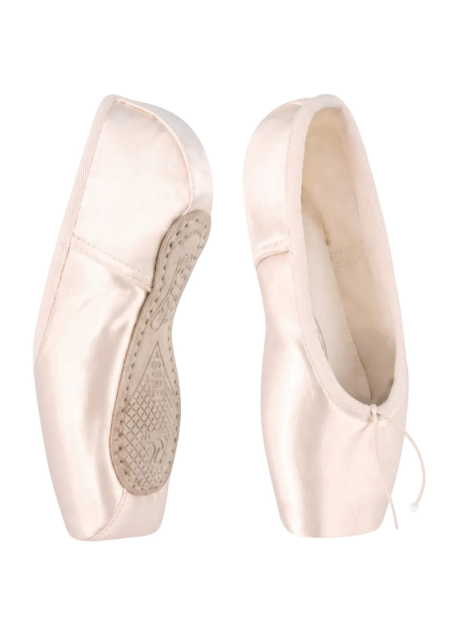 R Class Pointe Shoes Child Size Pointe Shoe, medial side view showing pair with medium crown and arch