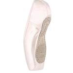 R Class Pointe Shoes Child Size Pointe Shoe, medial side view showing single shoe with pleatless construction