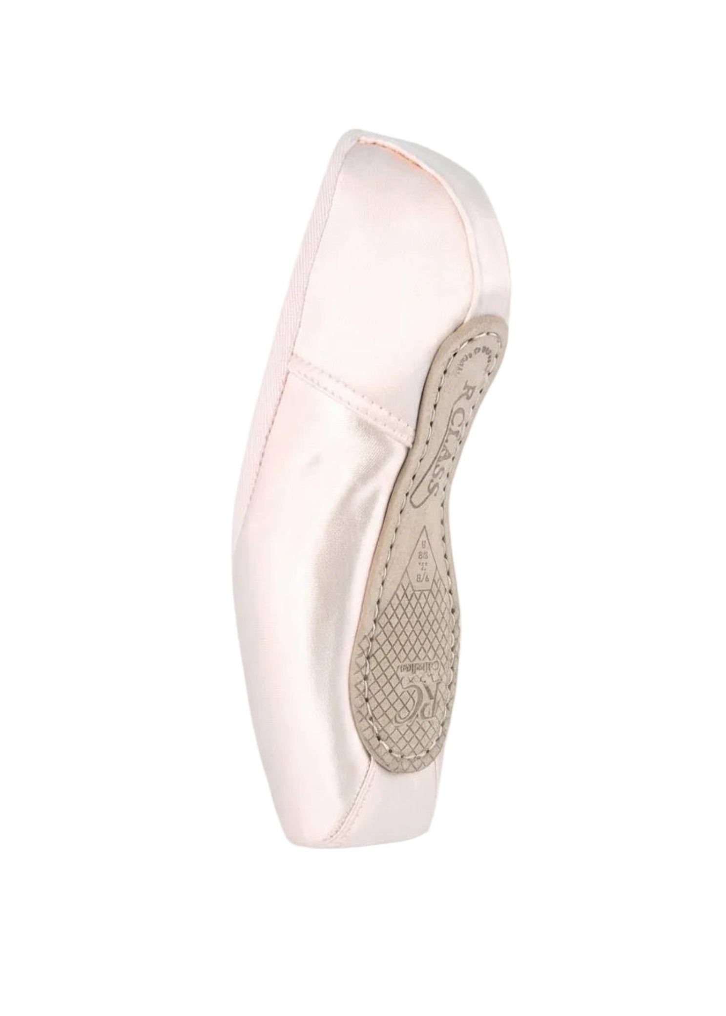 R-Class CRC Child Size Pointe Shoe, medial side view showing single shoe with pleatless construction
