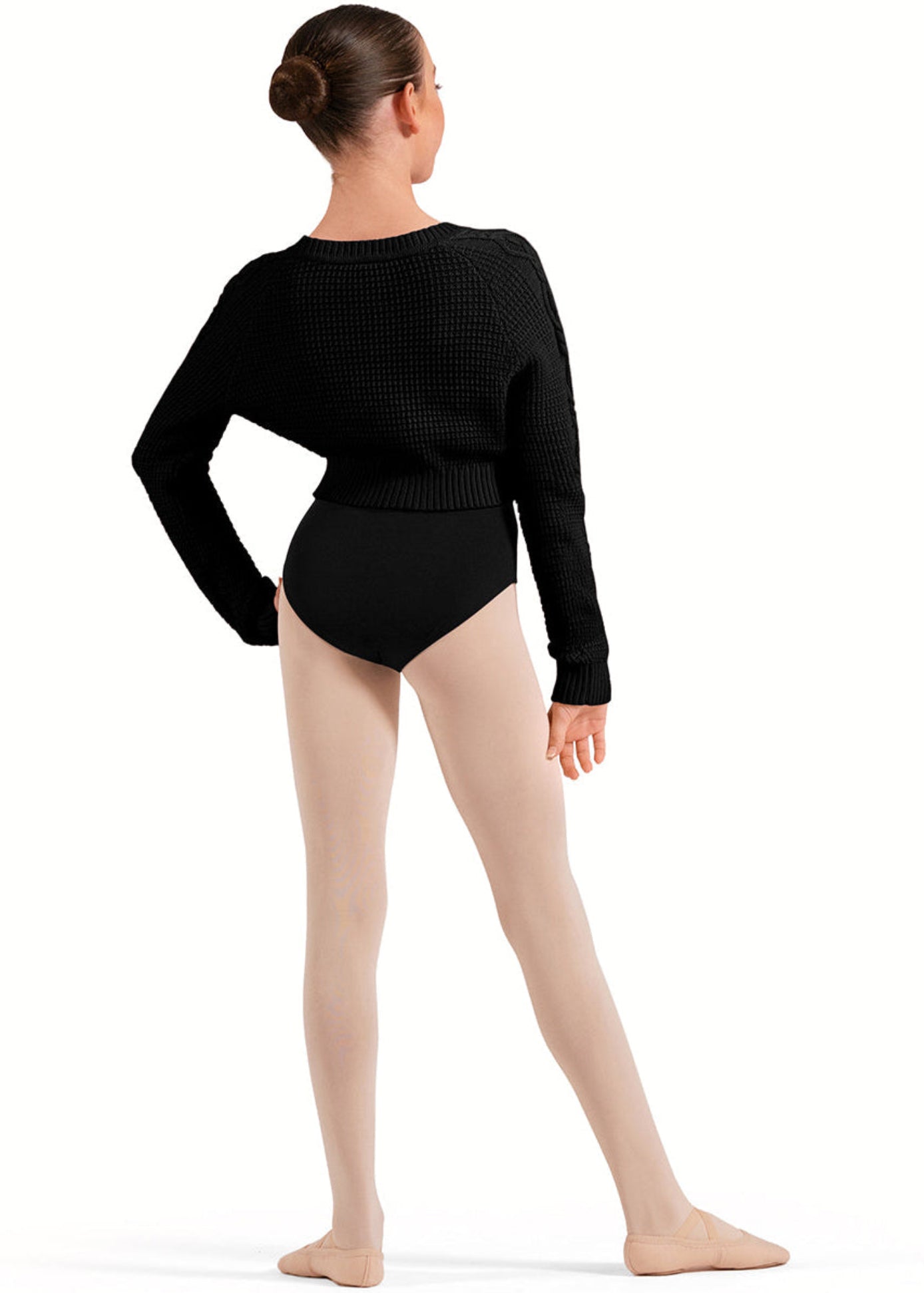 Bloch Knit Crop Sweater in Black, back view showing cropped open-weave knit sweater with cable-knit sleeves and ribbed hem