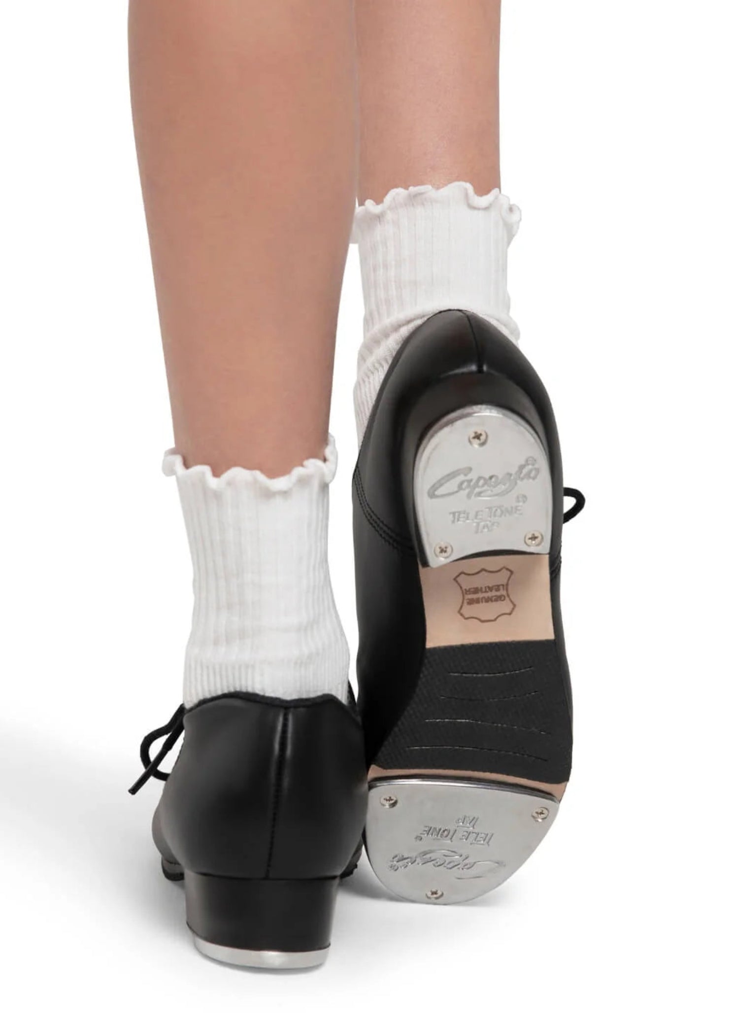 Capezio Cadence Tap Shoe in Black, back view showing heel construction and Tele Tone heel tap