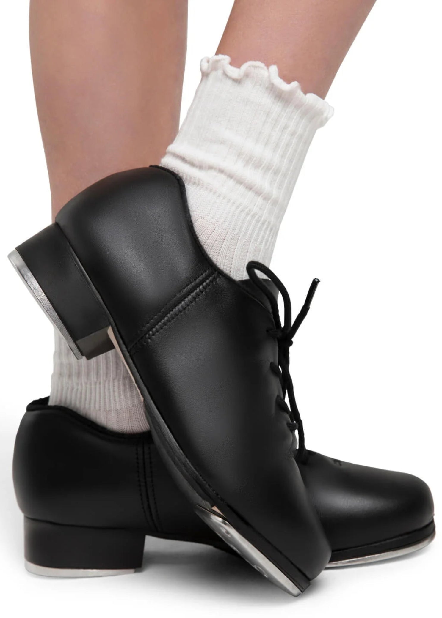 Capezio Cadence Tap Shoe in Black, lifestyle view showing lace-up closure and Tele Tone taps