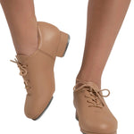 Capezio Cadence Tap Shoe in Caramel, lifestyle view showing lace-up closure and Tele Tone taps