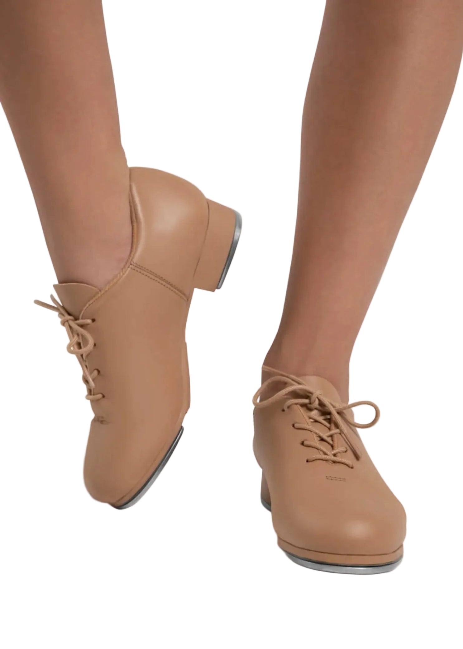 Capezio Cadence Tap Shoe in Caramel, lifestyle view showing lace-up closure and Tele Tone taps