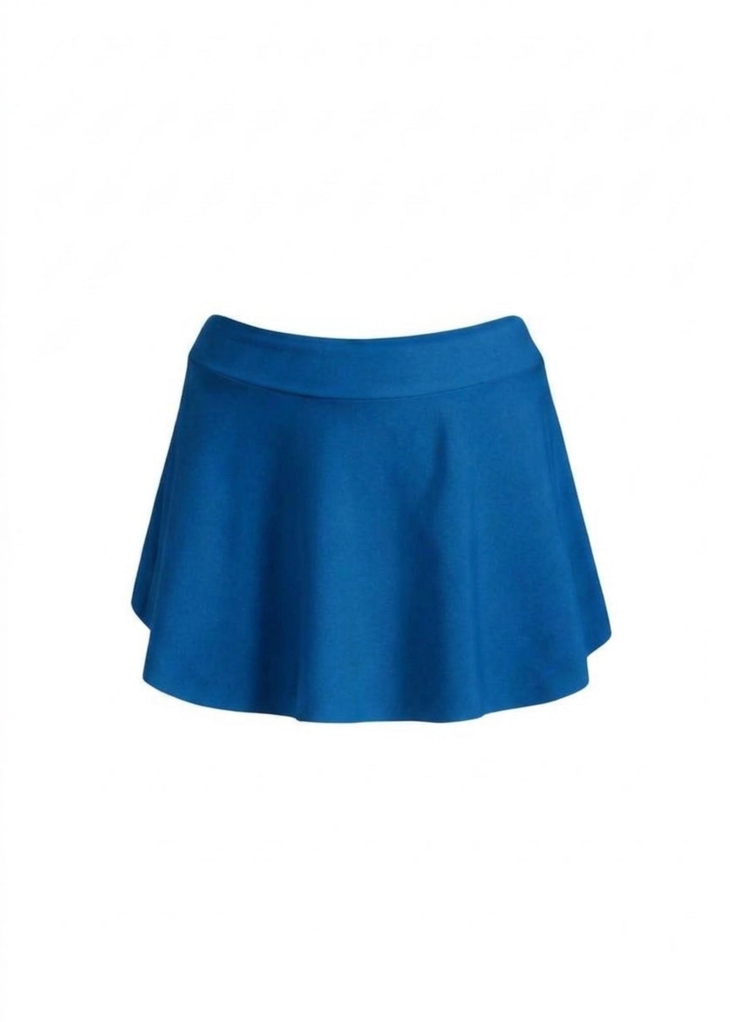 Capezio Call Back Skirt in Jeans Blue, front view showing wide waistband and lightweight fabric with flared hem