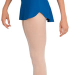 Capezio Call Back Skirt in Jeans Blue, lifestyle view showing lightweight fabric, curved hem and side opening