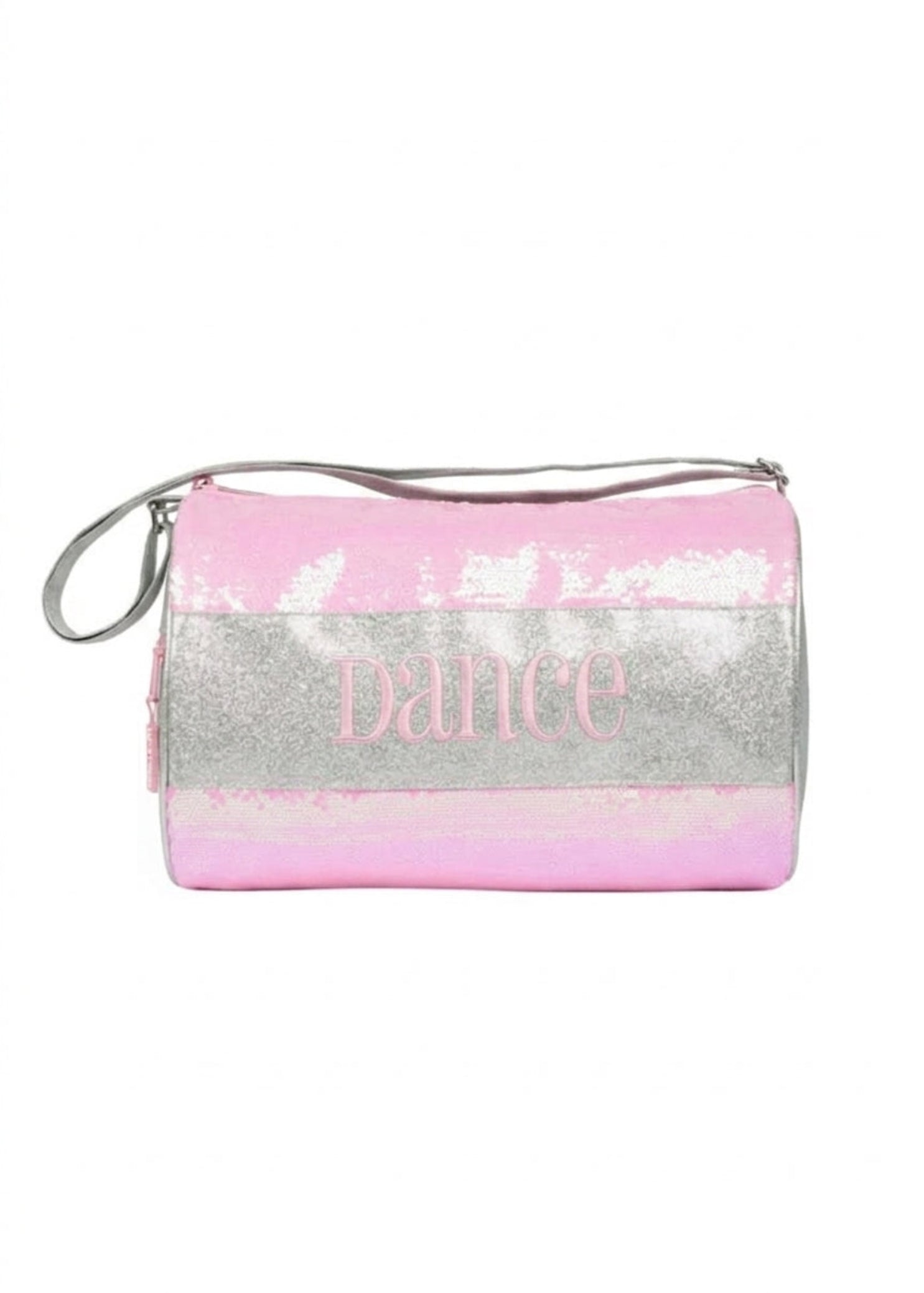 Horizon Designs Camie Duffel in Pink, front view showing silver glitter center stripe and embossed DANCE lettering
