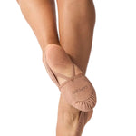 Capezio/Bunheads Canvas Hanami Pirouette in Light Suntan, lifestyle view showing suede sole patch and heel straps