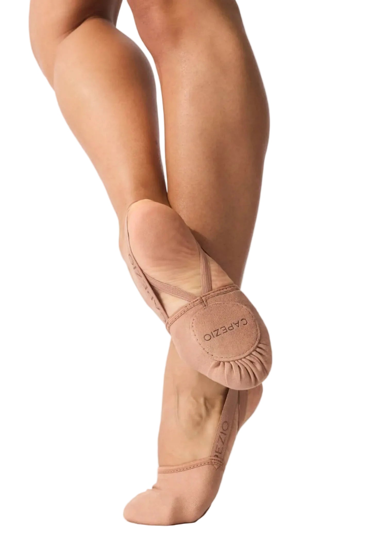 Capezio/Bunheads Canvas Hanami Pirouette in Light Suntan, lifestyle view showing suede sole patch and heel straps