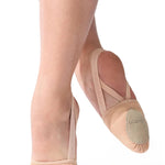 Capezio Canvas Pirouette II in Nude, front and outsole view showing suede forefoot patch and sole construction