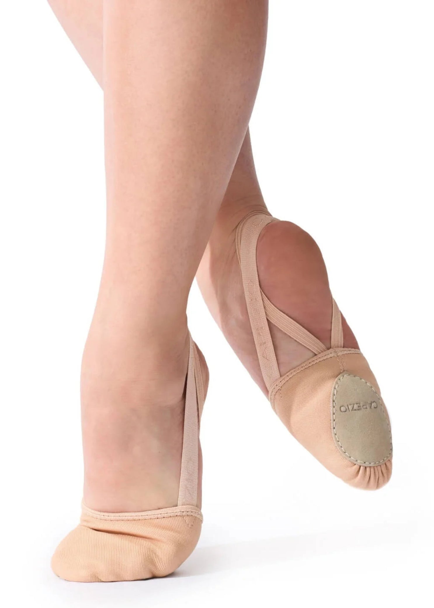 Capezio Canvas Pirouette II in Nude, front and outsole view showing suede forefoot patch and sole construction