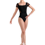 Cap Sleeve Mesh Leotard Black front view
