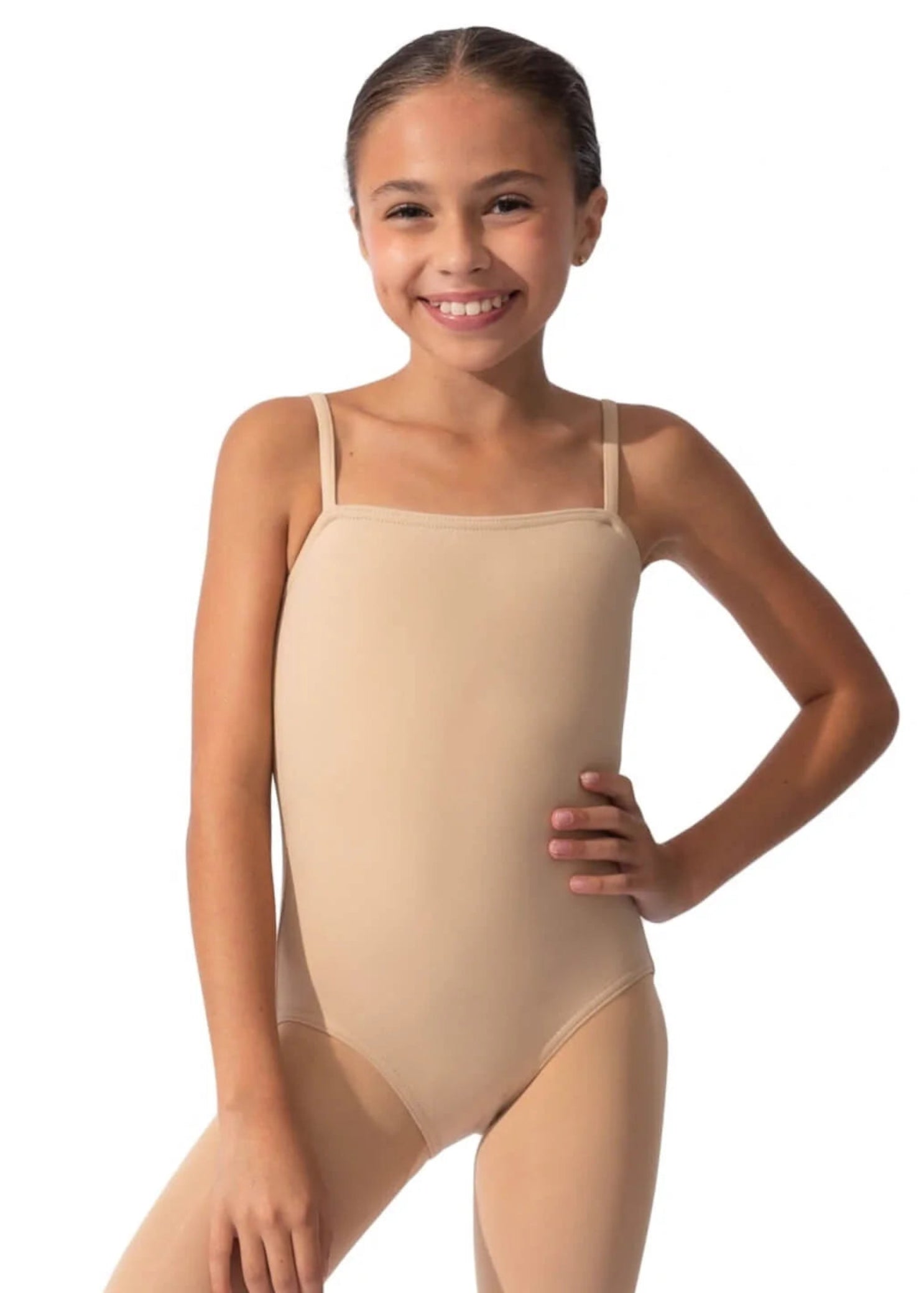 Capezio Cami Leotard in Nude, front view showing camisole neckline and thin straps