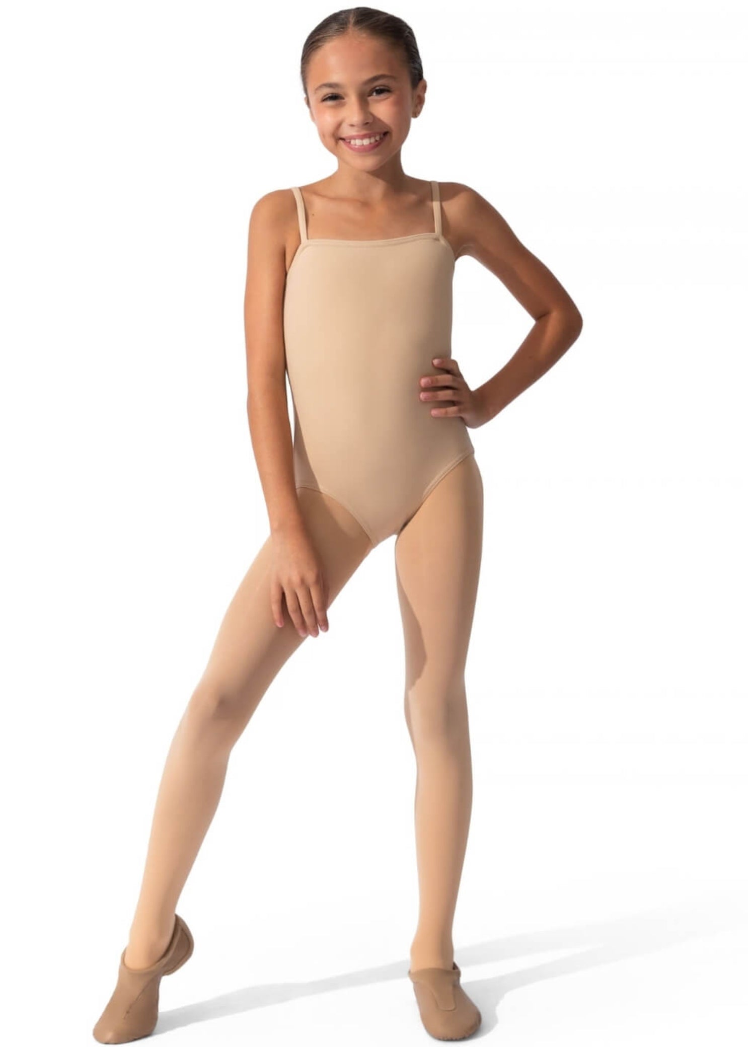 Capezio Cami Leotard in Nude, lifestyle view showing camisole straps and ballet leg line