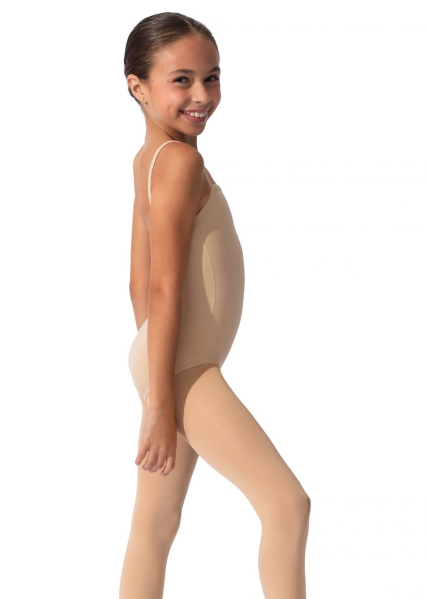 Capezio Cami Leotard in Nude, side view showing smooth fit and ballet leg line
