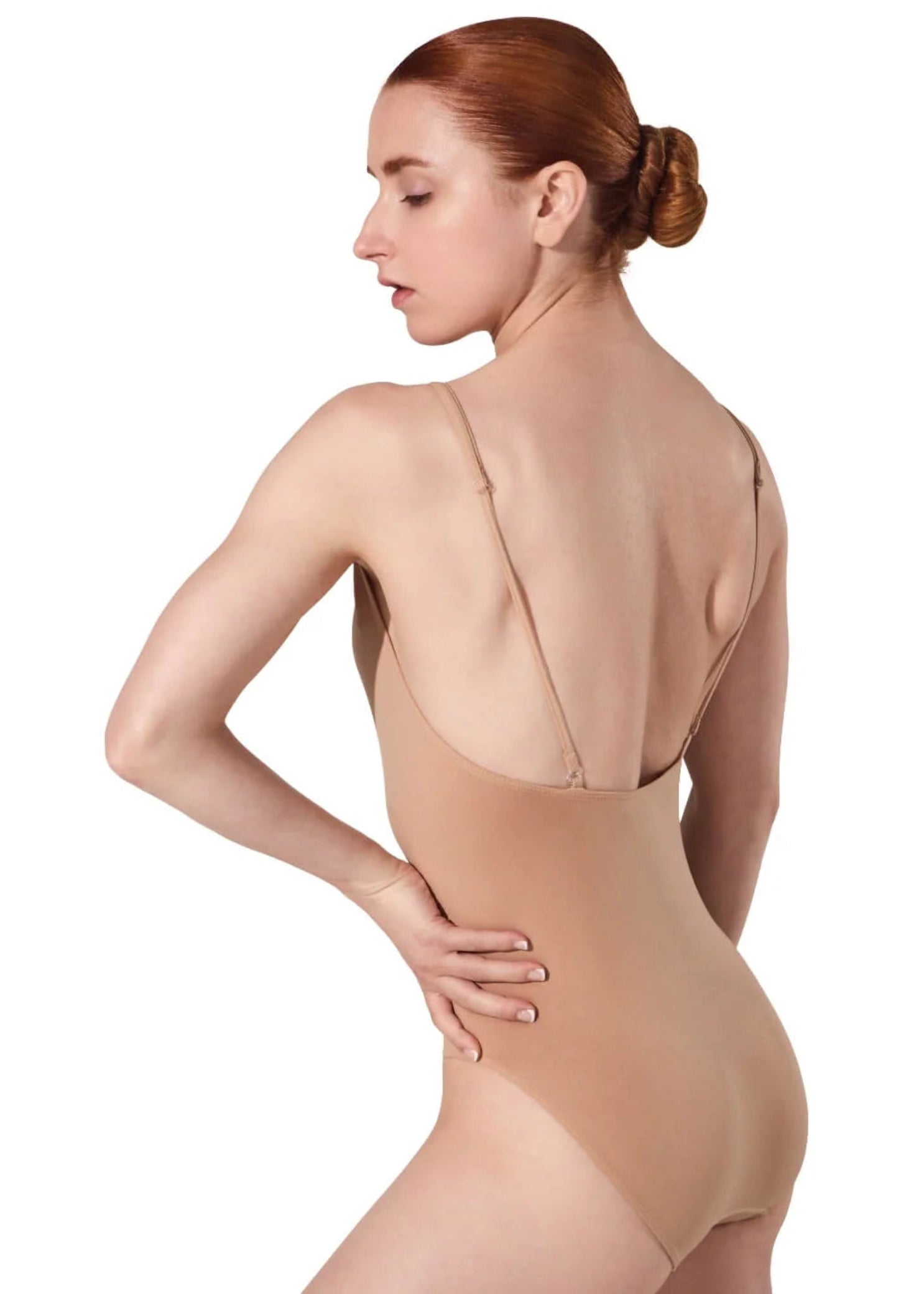 Capezio Seamless Cami Leotard in Nude, side view showing low scoop back and smooth fit
