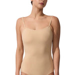 Capezio Cami Leotard in Nude, front view showing camisole neckline and thin straps