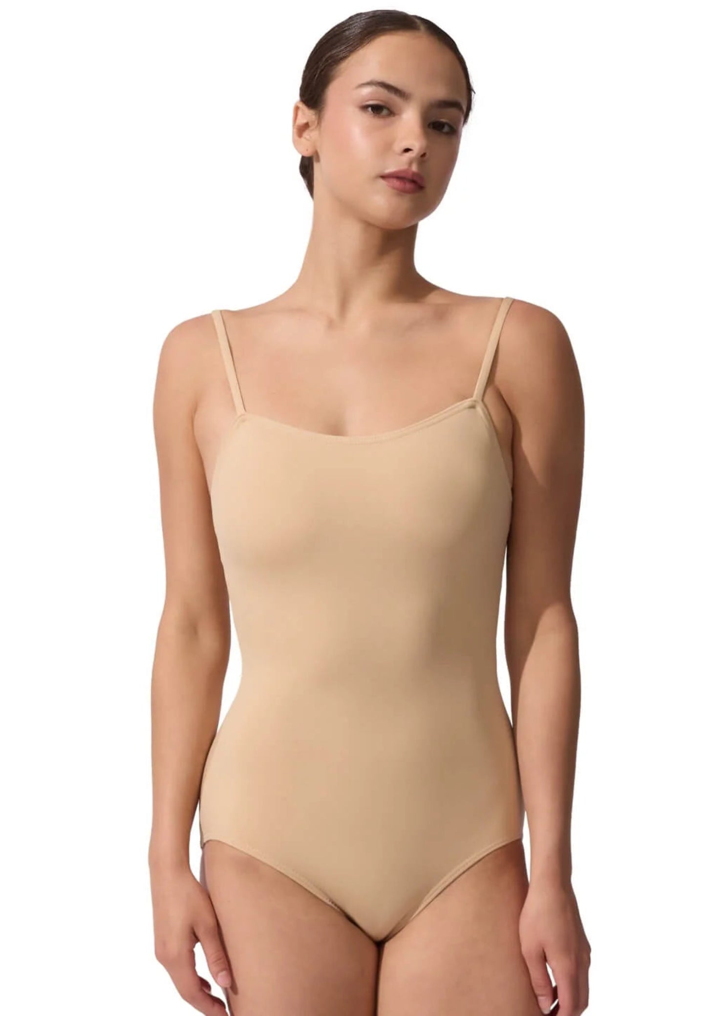 Capezio Cami Leotard in Nude, front view showing camisole neckline and thin straps